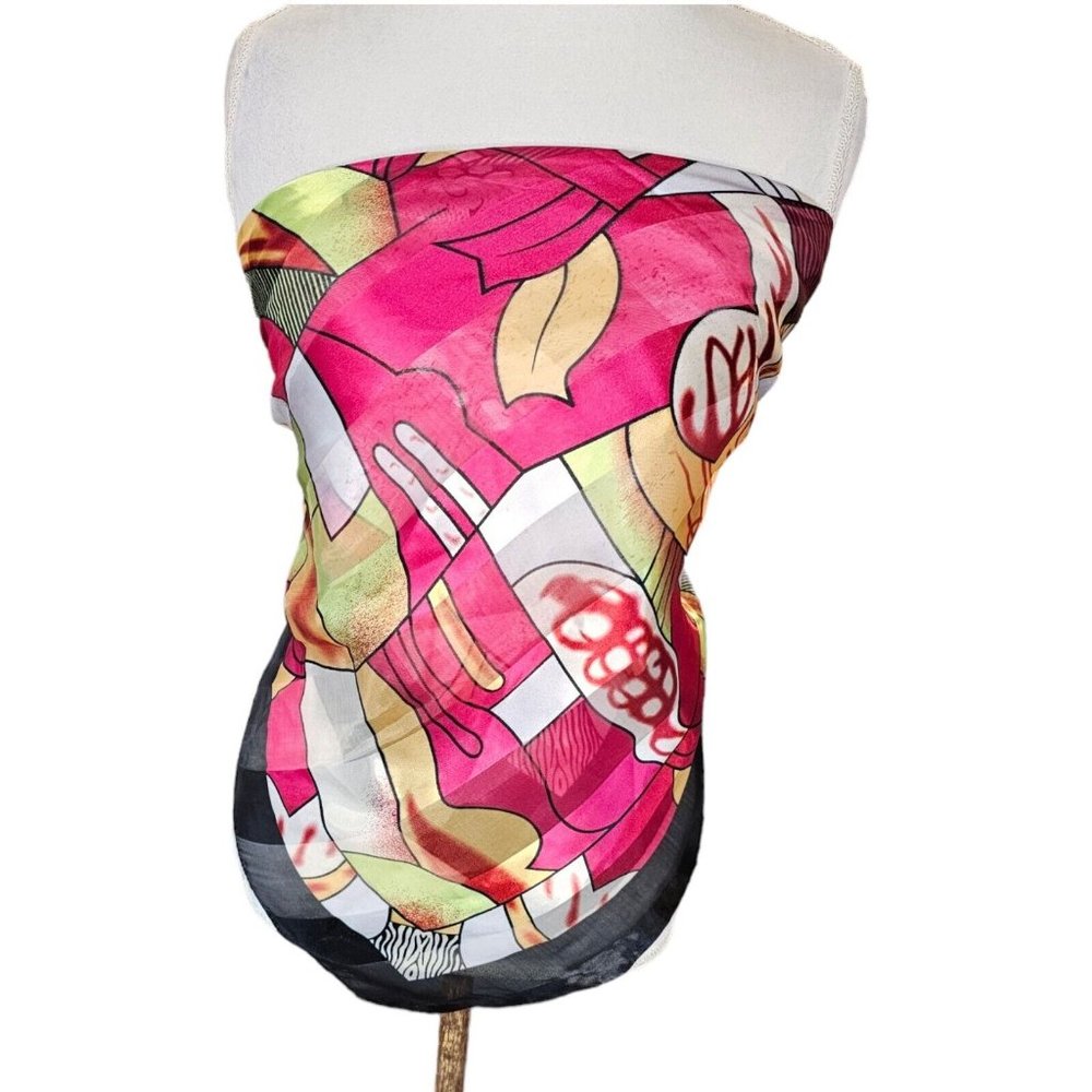 Vintage Picasso Semi-sheer Artsy Vibrant Pink Green Satin Silk Scarf Square 36" - Picture 2 of 10